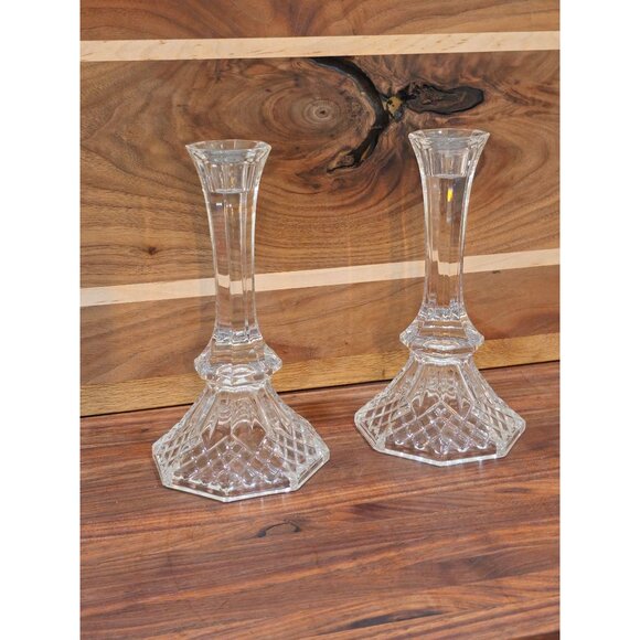 Vintage Cut Glass Crystal Candle Holders With Hexagonal Bases & Heart Detail - Picture 5 of 6